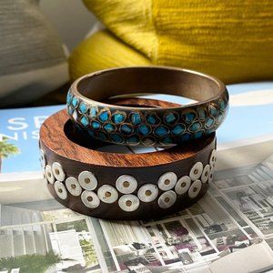 Boho Wood/Metal and Blue Inlaid Bangles (Set of 2)